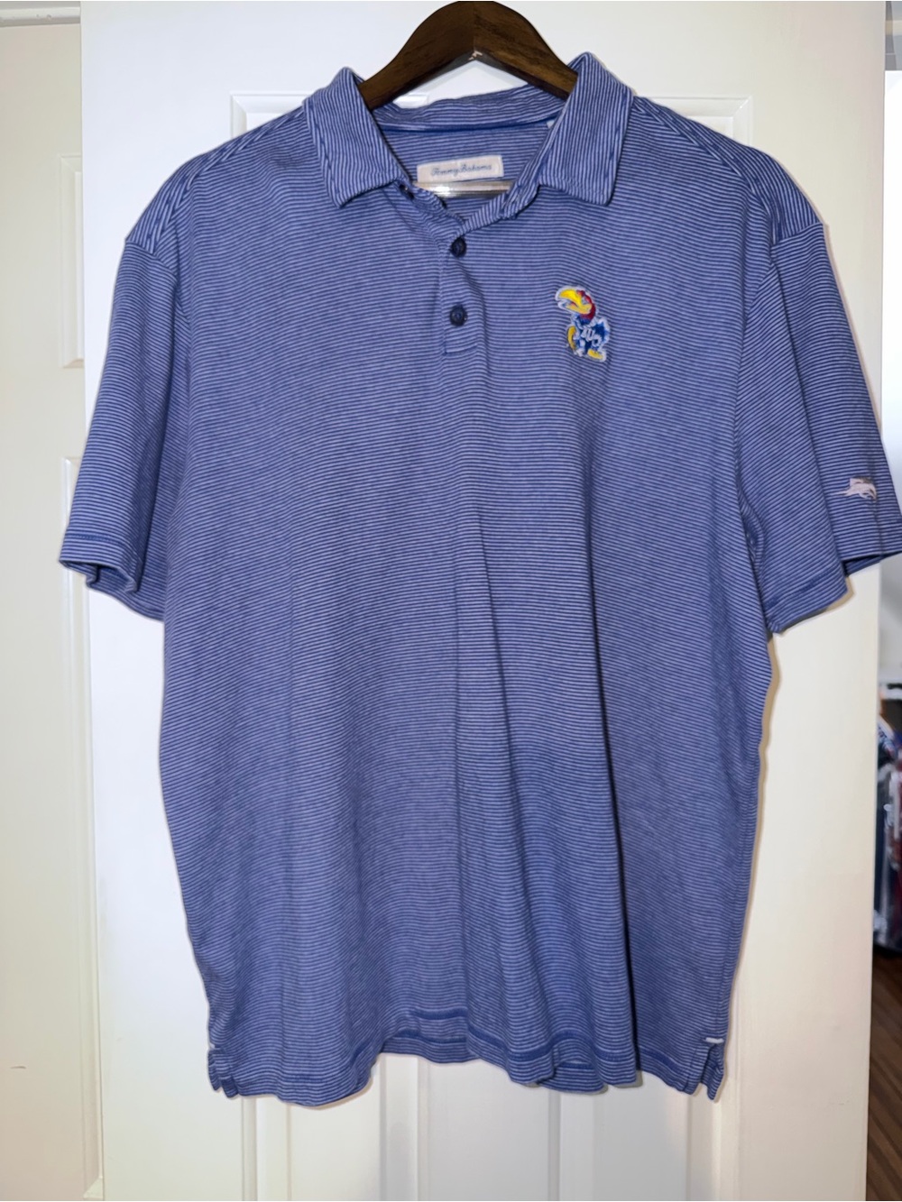 Tommy Bahama Blue Micro-Striped Polo with Embroidered KU Logo